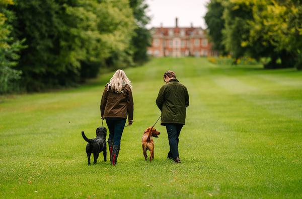 Lainston House - couple walking in grounds with dogs